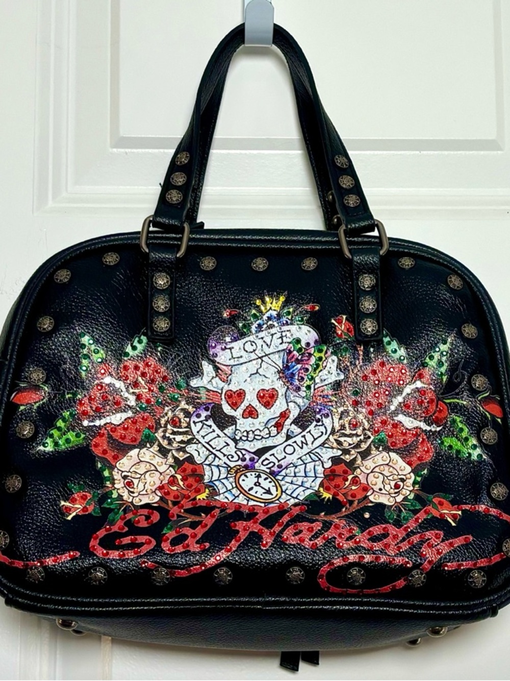 Ed Hardy Black Crystal Embellished Satchel Handbag